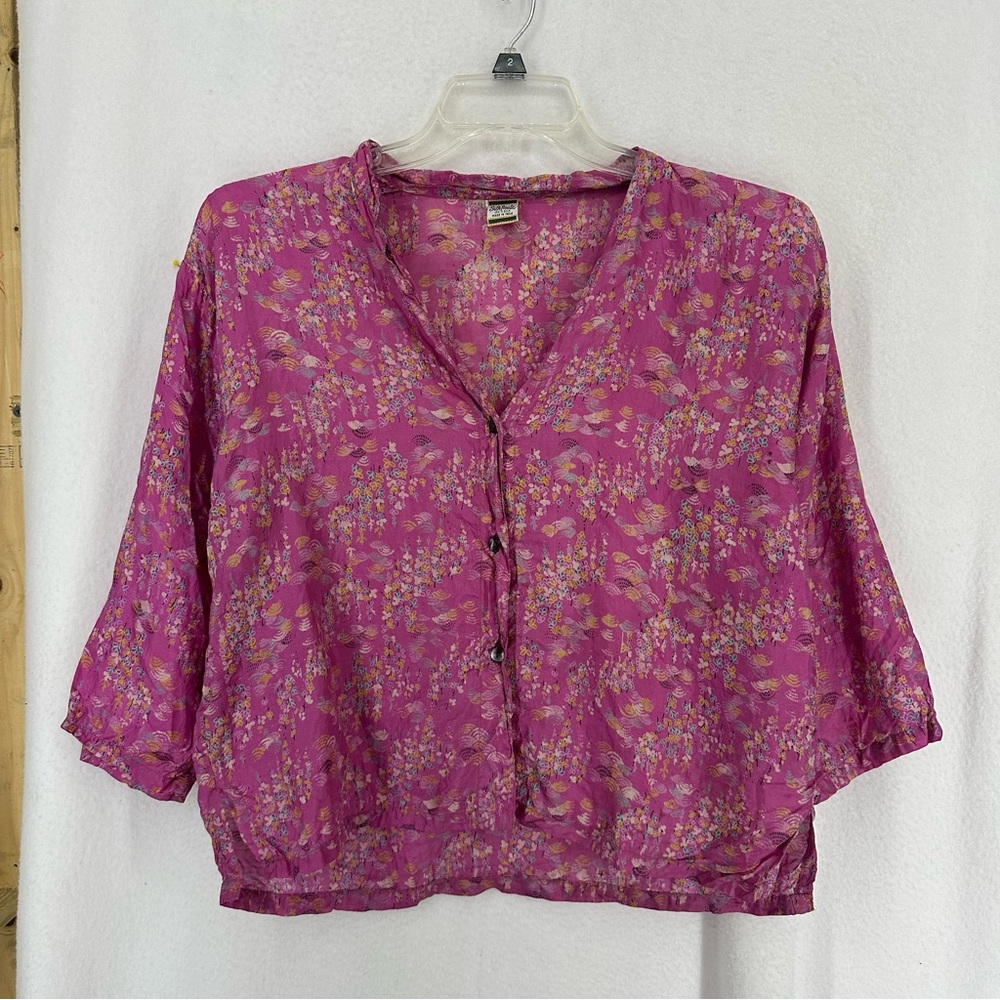 Silk Route Button Up 1/2 Sleeve Blouse 100% Silk‎ India Womens Small Pink